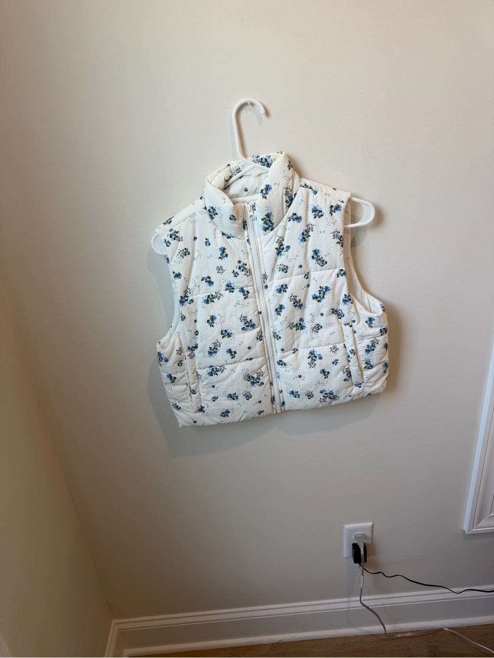 love, Fire White Puffer Vest with Blue Floral Print